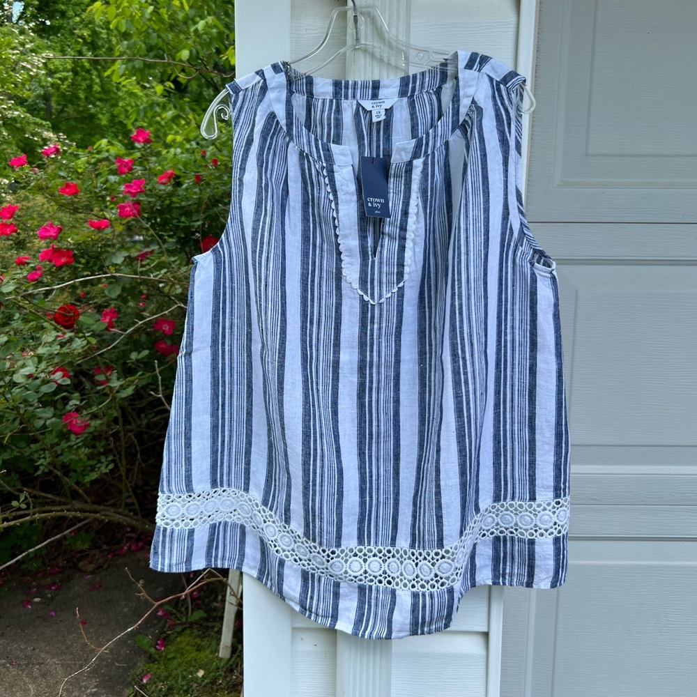 NWT Crown & Ivy Blue & White Striped Rick Rack & Dot Lace Trims Sleeveless